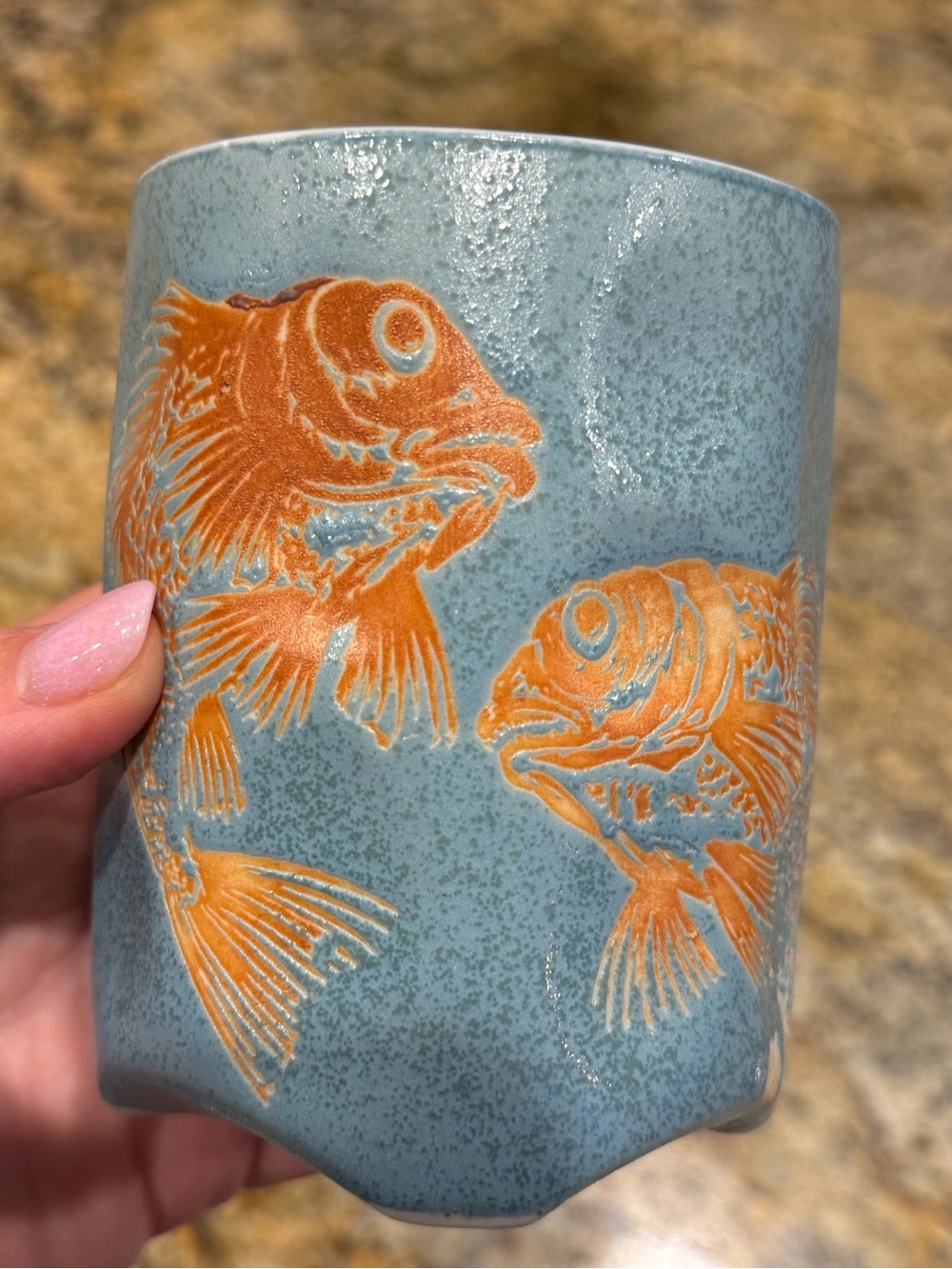 Handcrafted Blue Ceramic Fish Tumbler with Orange Fish Motif